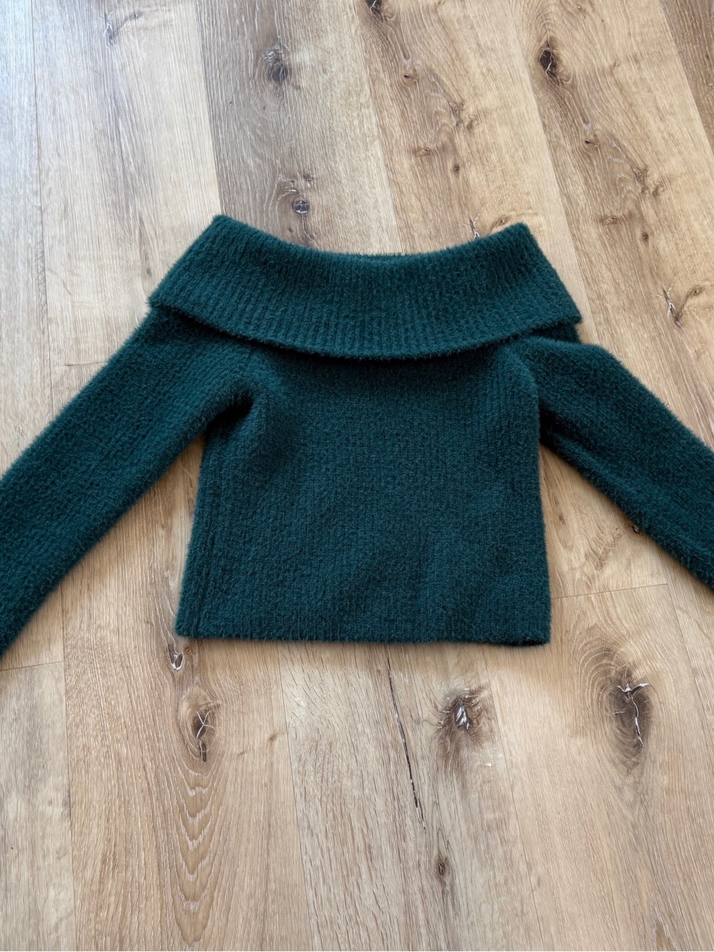 Tillys West of Melrose Off-Shoulder Fuzzy Knit Long-sleeve Sweater in Dark Green